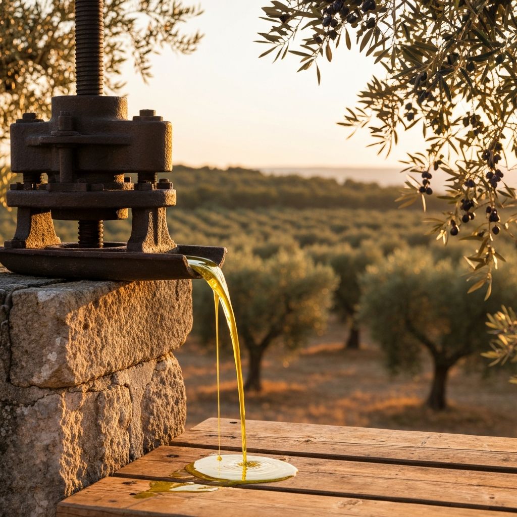 Istarski stisak za maslnu ulje sa zlatnim uljem koje se proliva na drvenu ploču