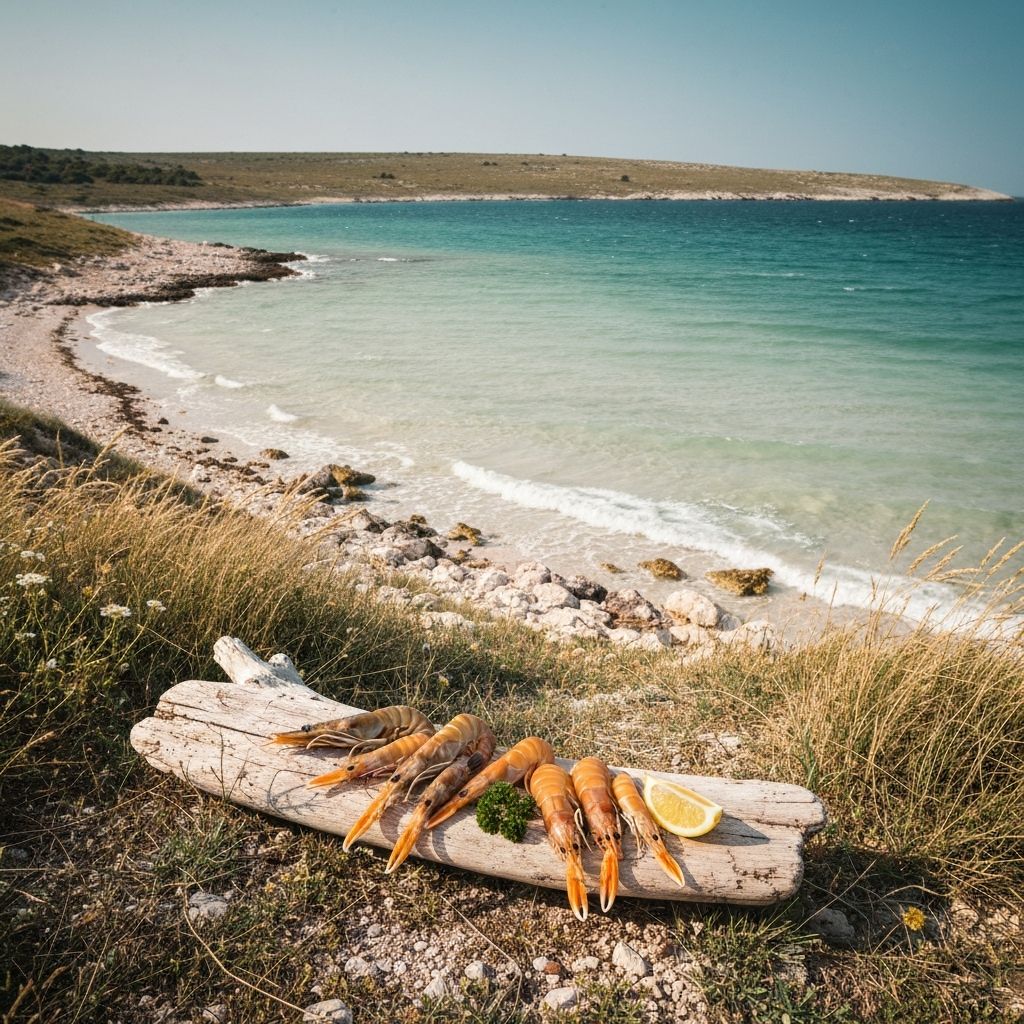 Kvarnerski otok sa vjetrovitim zaljevom sa laganih morskih namirnica na plutaćem drvu