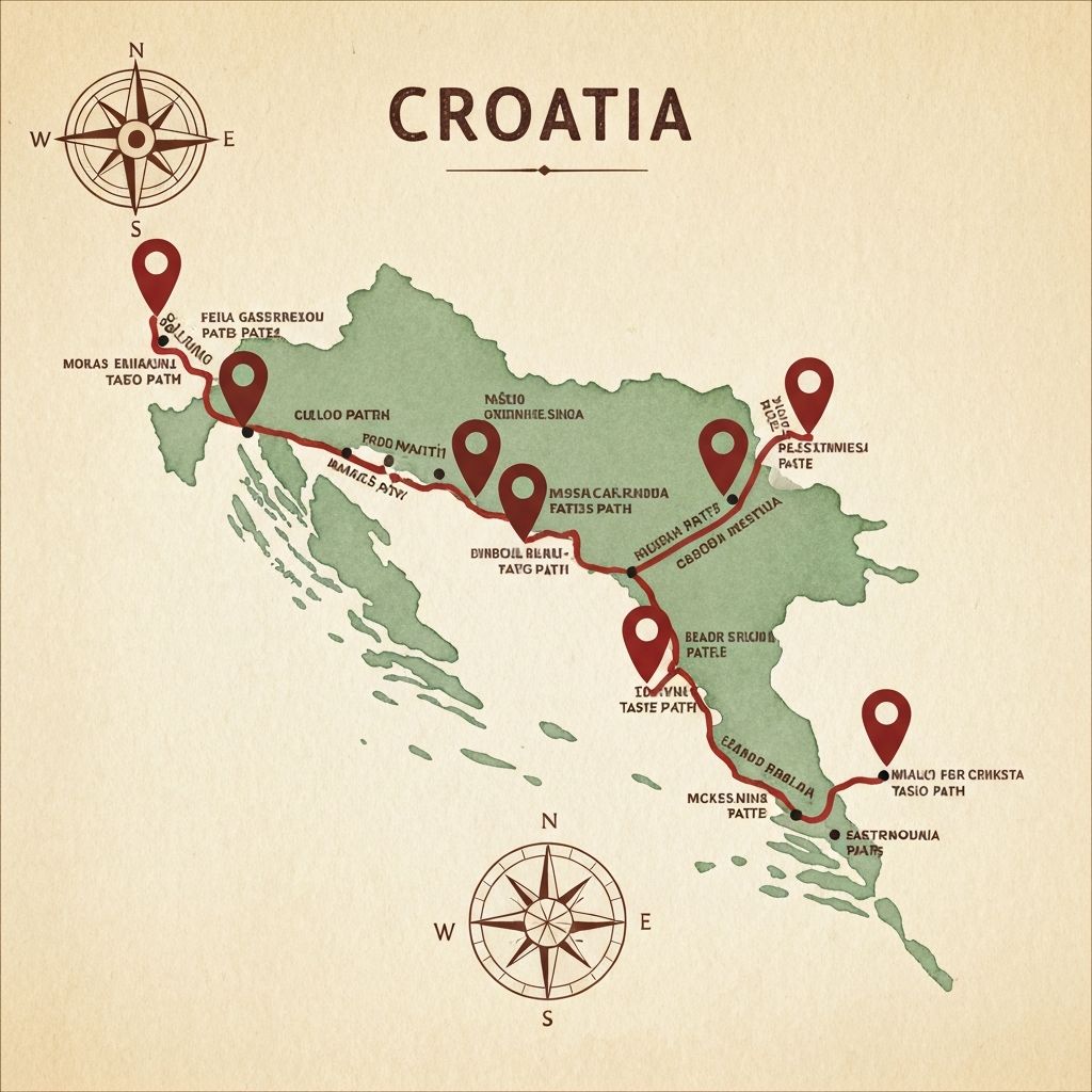 Apstraktna karta kroz hrvatske regije sa okusom markera i navigacijskih elemenata