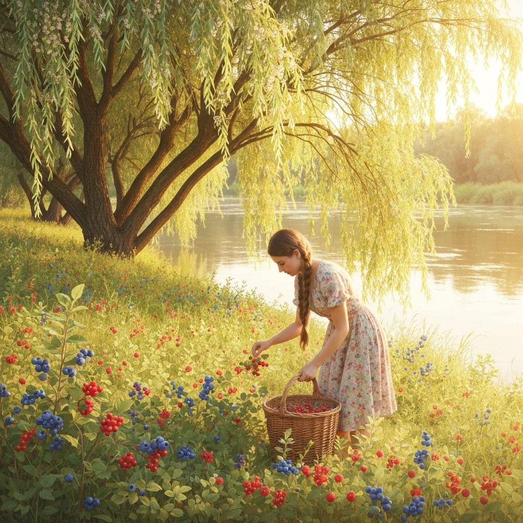 Slavonska rijeka obala sa blaganjem bobica u wicker korpu, prirodne bobice