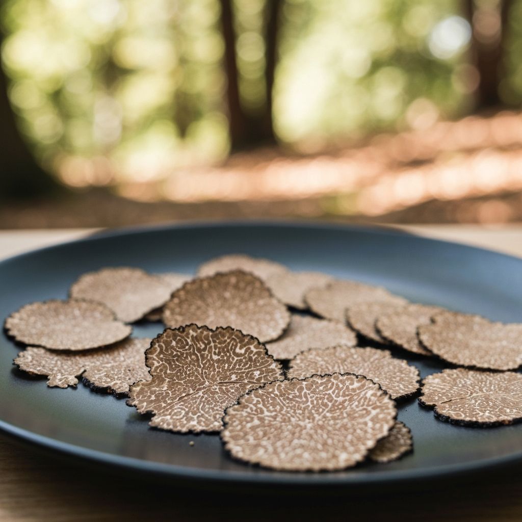Bliskost trufala na crnoj ploči sa šumskim razmućenim pozadinom, luksuzna detalj